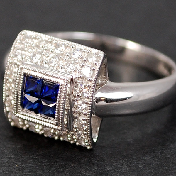 18ct White Gold Square Sapphire and Diamond Cluster Ring