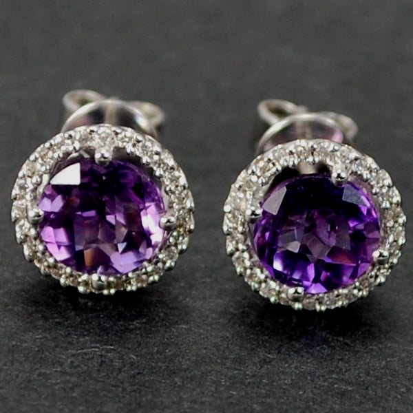18ct White Gold Amethyst and Diamond Cluster Stud Earrings