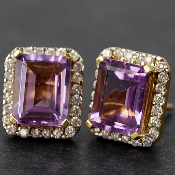 18ct Yellow Gold Amethyst and Diamond Stud Earrings