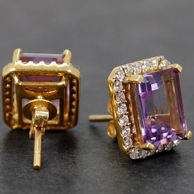 18ct Yellow Gold Amethyst and Diamond Stud Earrings