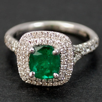 18ct White Gold Emerald and Diamond Cushion Shape Cluster Ring