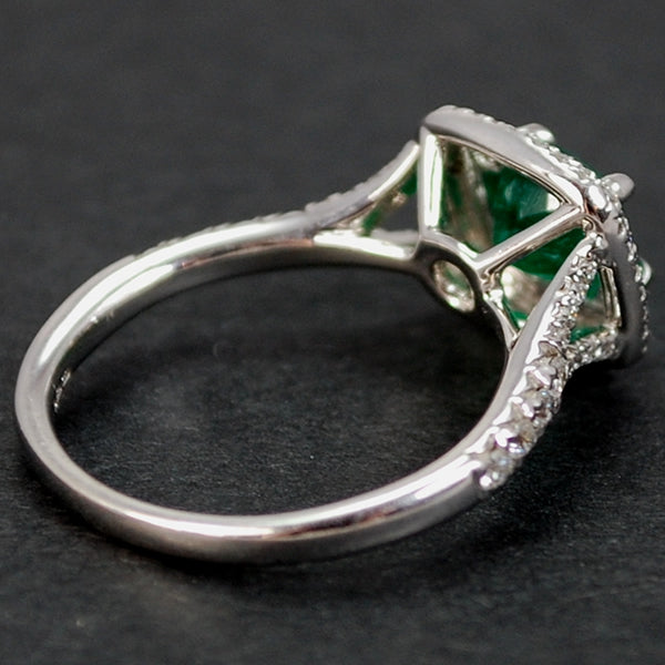 18ct White Gold Emerald and Diamond Cushion Shape Cluster Ring