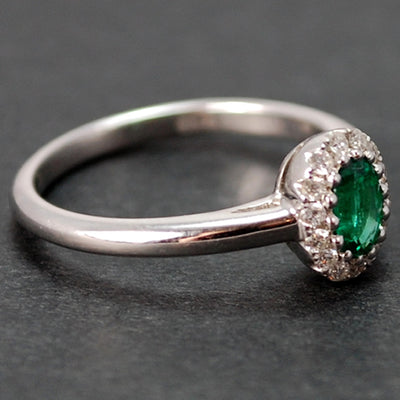 18ct White Gold Emerald and Diamond Oval Cluster Ring