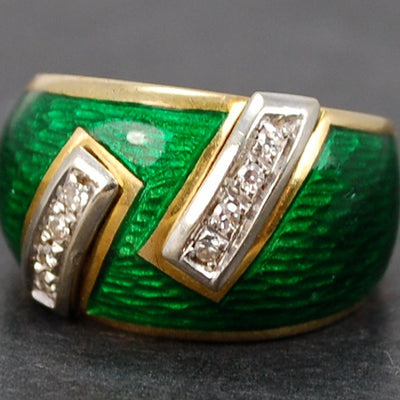 18ct Yellow Gold Green Enamel and Diamond Band Ring