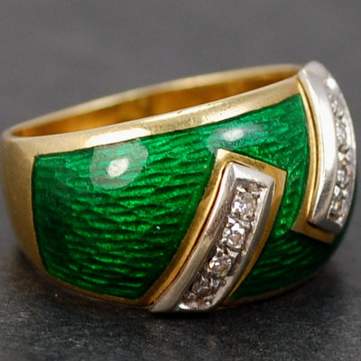 18ct Yellow Gold Green Enamel and Diamond Band Ring