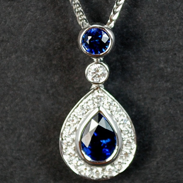18ct White Gold Sapphire and Diamond Drop Pendant