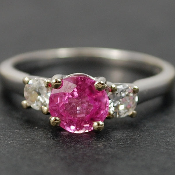 18ct White Gold 3 Stone Pink Sapphire and Diamond Ring