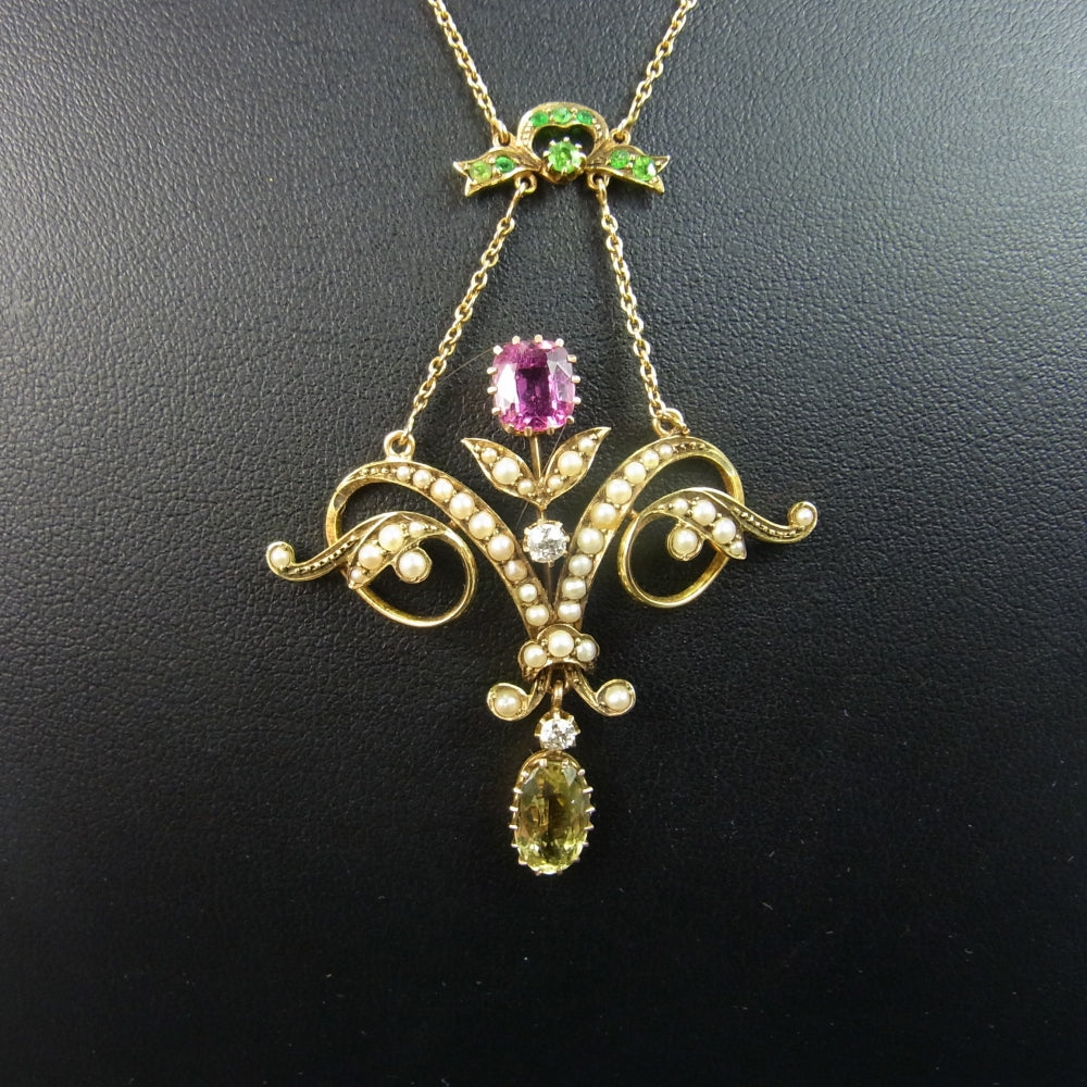 9ct Gold Pendant Necklace Set with a Diamond Centre Stone with Seed Pearls
