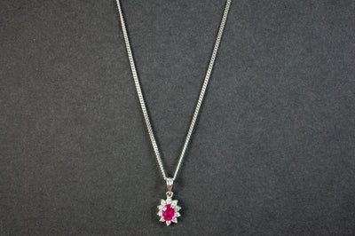 18ct White Gold Ruby and Diamond Flower Pendant